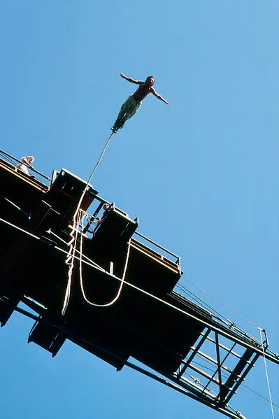 Professional bungee jumping leaping off a deck.